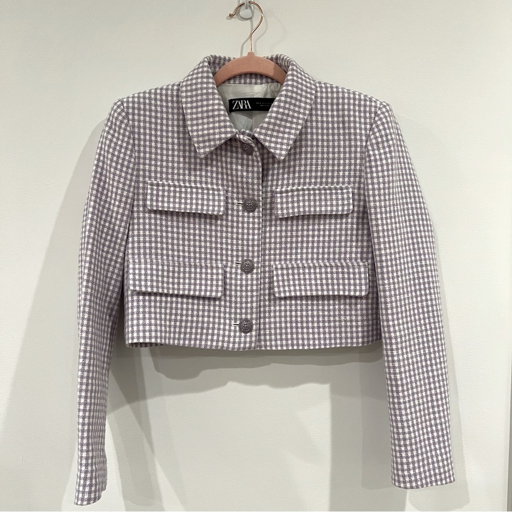 Zara purple and white tweed blazer, slightly cropped with embossed buttons